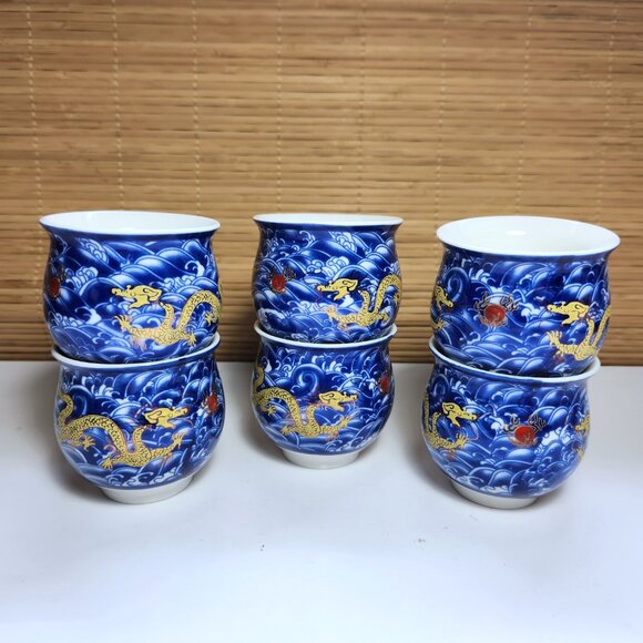 Chinese Golden Dragon Porcelain Teacups Set of 6 Double Wall Jingzhen - Picture 2 of 8
